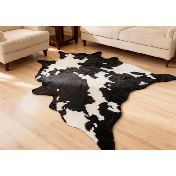 Faux Cowhide Rug Cow Print Area Rug for Living Room Bedroom Soft Faux Fur Animal Print Skin Western Boho Decor Natural Pattern Hide Carpet with No-Slip Floor Mat (5.2ft x 7.2ft)