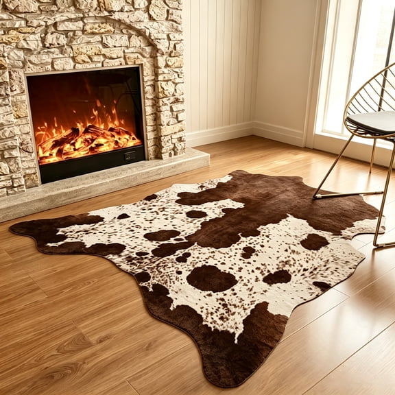 Faux Cowhide Rug Cow Print Area Rugs Cow Hide Carpet for Bedroom Living Room Home Office Western Decor,5.2'x6.2',Brown