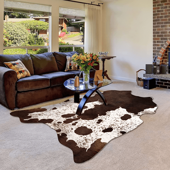 Faux Cowhide Rug Cow Print Area Rugs Cow Hide Carpet for Bedroom Living Room Home Office Western Decor,5.2'x6.2',Brown
