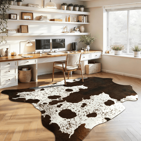 Faux Cowhide Rug Cow Print Area Rugs Cow Hide Carpet for Bedroom Living Room Home Office Western Decor,6.2'x7.1',Brown