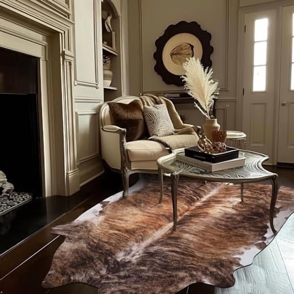 Faux Cowhide Rug Cow Print Living Room Area Rug Brown Floor Cover Cow Hide Brindle Animal Skin Alternative Indoor Carpet Bedroom Apartment Western Theme Safari Decor 5x7
