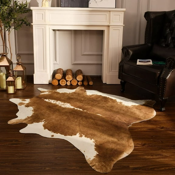 Faux Cowhide Rug Cow Print Western Style, Rustic Animal Skin Carpet for Living Room Bedroom Office, Non-Slip Soft Floor Mat, Irregular Shape 4.6x5.2ft, Khaki Brown