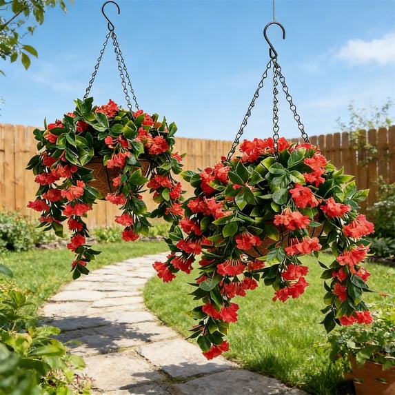 Faux Crepe Myrtle Hanging Basket, Set of 2 Artificial Fake Hanging Plants, Spring Summer Outdoor Floral Decor, Hanging Planter for Garden, Patio, Yard & Home Decoration, 26*10in, A