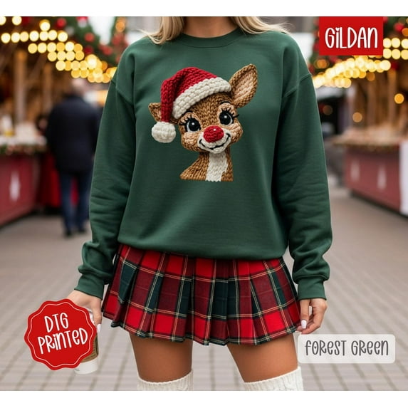 Faux Crochet Rudolph Sweatshirt, Trendy Women's season Crewneck, Santa Hat Sweatshirt, season Party Sweater, Cute Sweatshirt All Size S-5Xl
