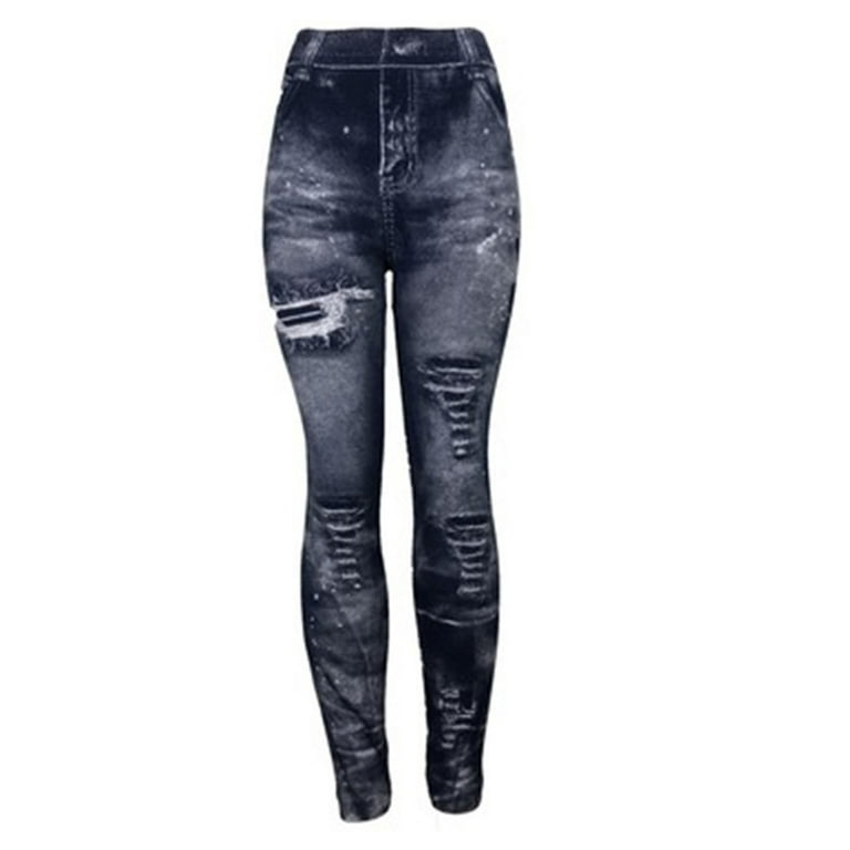 Faux Denim Leggings for Women High Waist,Plus Size Imitation Ripped  Distressed Jeggings Skinny Jeans Soft Stretch Jeggings Slim Fit Pants Butt  Lift
