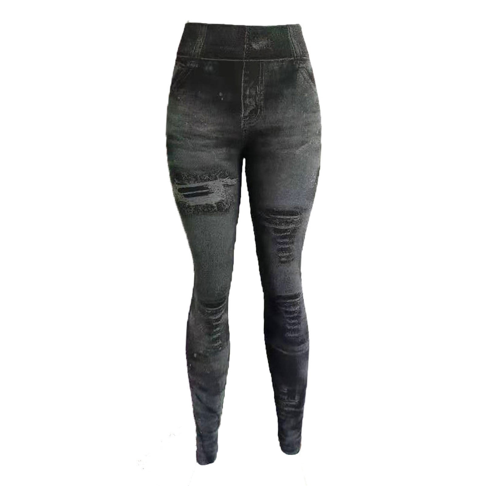 Faux Denim Leggings for Women High Waist,Plus Size Imitation Ripped  Distressed Jeggings Skinny Jeans Soft Stretch Jeggings Slim Fit Pants Butt  Lift Trousers 