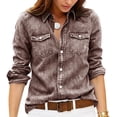 thumbnail image 1 of Faux Denim Shirt Women Chambray Jean Western Shirts Long Sleeve Button Down Tops, S, 1 of 4