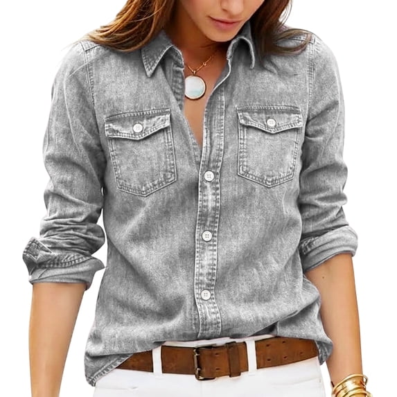 Faux Denim Shirt Women Chambray Jean Western Shirts Long Sleeve Button Down Tops, XL