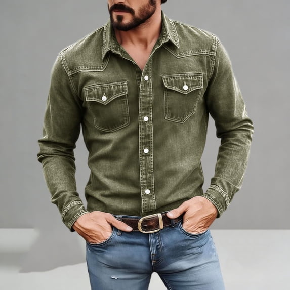 Faux Denim Shirt for Men Long Sleeve Button Down Fashion Casual Vintage Workwear Shirts with Flap Pockets Army Green XXL