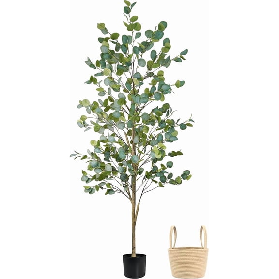 Faux Euc Tree 6FT, Artificial Potted Tree for Indoor Outdoor, Fake Floor Plants with Natural Wood Trunk, Home Office Living Room Bedroom Decor