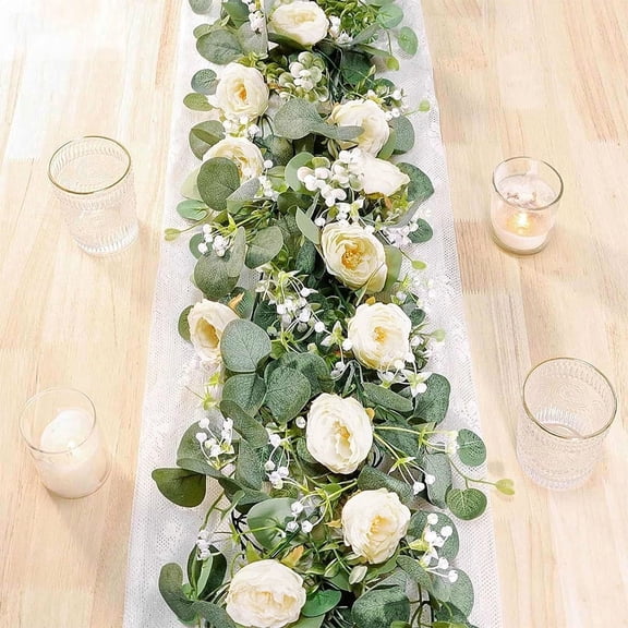 Youersen Faux Eucalyptus Garland with Flowers, Artificial Rose and Gypsophila Vine for Wedding Decor and Craft Artistry, 5.91FT
