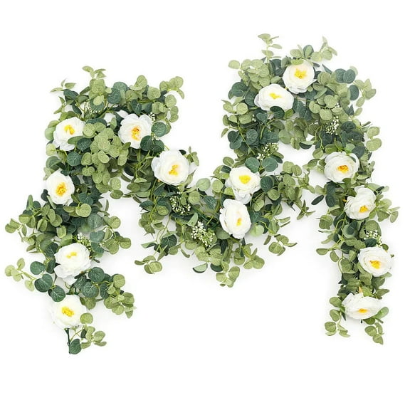 Bopika Faux Eucalyptus Garland with Flowers, Artificial Rose and Gypsophila Vine for Wedding Decor and Craft Artistry, 5.91FT