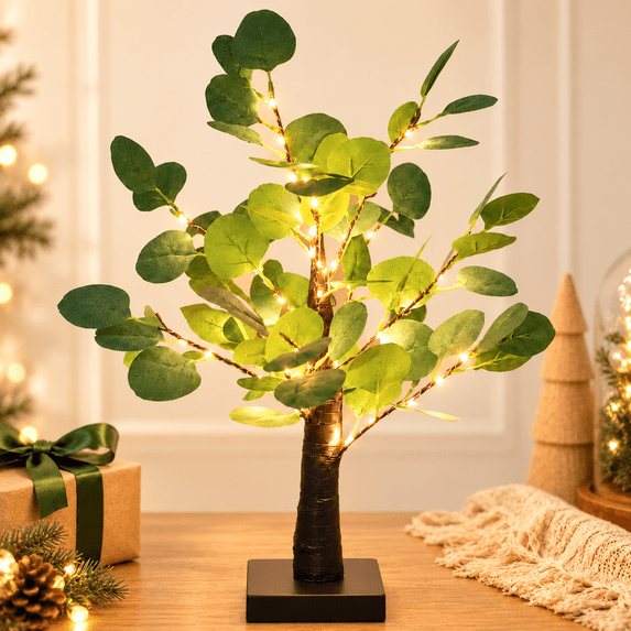 PUCACHI 2FT Lighted Faux Eucalyptus Tree, 35 Warm White LED Lights ...