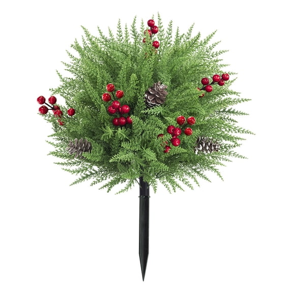 Faux Evergreen For Outdoor Planters Christmas Pick, Artificial Pine Greenery With Red Berries And Ground Stake, Winter Holiday Decor