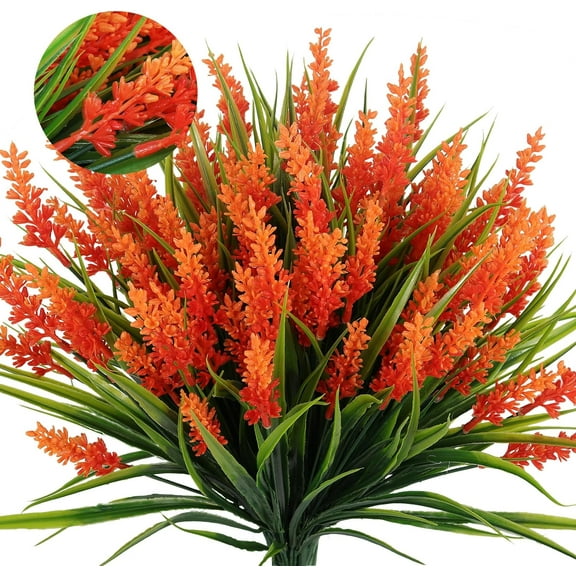 Faux Fall Flowers for Outside,Artificial Plants Outdoor, UV Resistant Faux Monkey Grass Greenery Stems Faux Plastic Flowers Shrubs for Home Weddings Garden Porch Front Patio Office Decor(Orange)