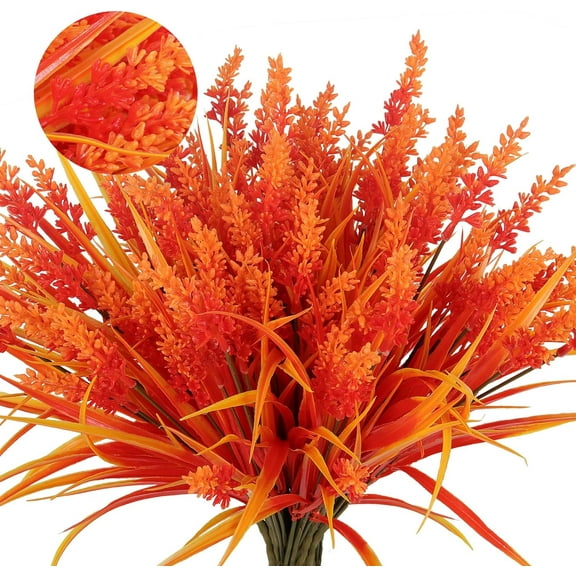 Faux Fall Flowers for Outside,Artificial Plants Outdoor, UV Resistant Faux Monkey Grass Greenery Stems Faux Plastic Flowers Shrubs for Home Weddings Garden Porch Front Patio Office Decor(Orange) A