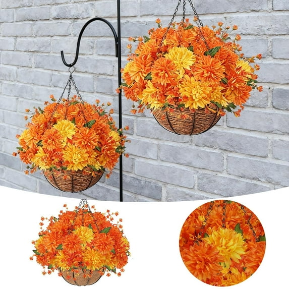 Faux Fall Mums Hanging Basket for Outdoor Decor, 75 UV Resistant Artificial Silk Flowers in Planter with Orange Yellow Daisy for Autumn Porch, Patio, and Garden Yard Decoration