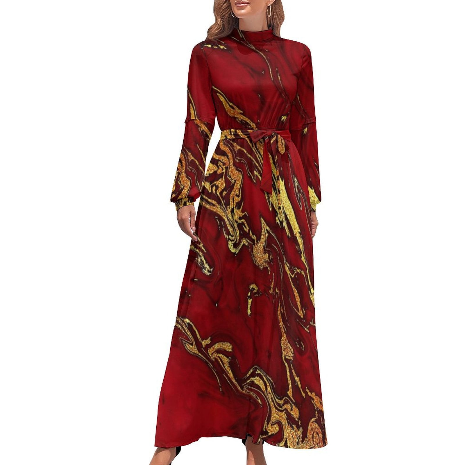 Faux Fire Red And Gold Marble Long Dress chic and elegant woman
