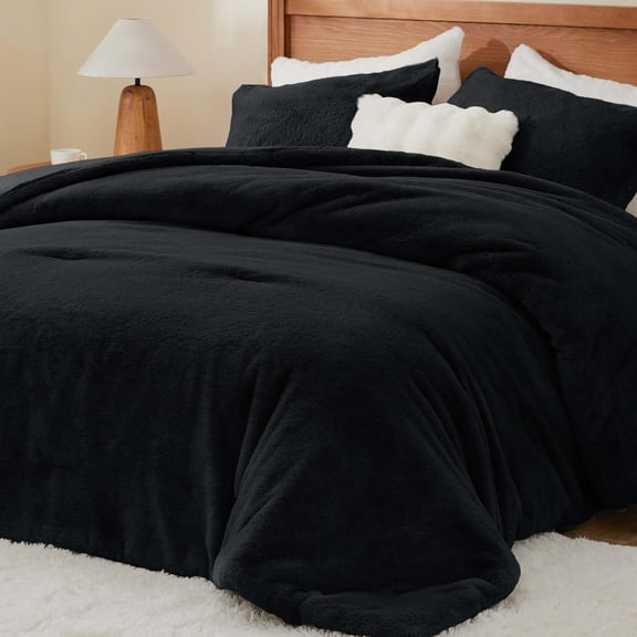 Faux Fleece Comforter Set - Fluffy & Warm Black Comforter Size, Soft and Cozy Winter Bedding Set,Fuzzy Thick Bed Set,1 Comforter and 2 Pillowcases