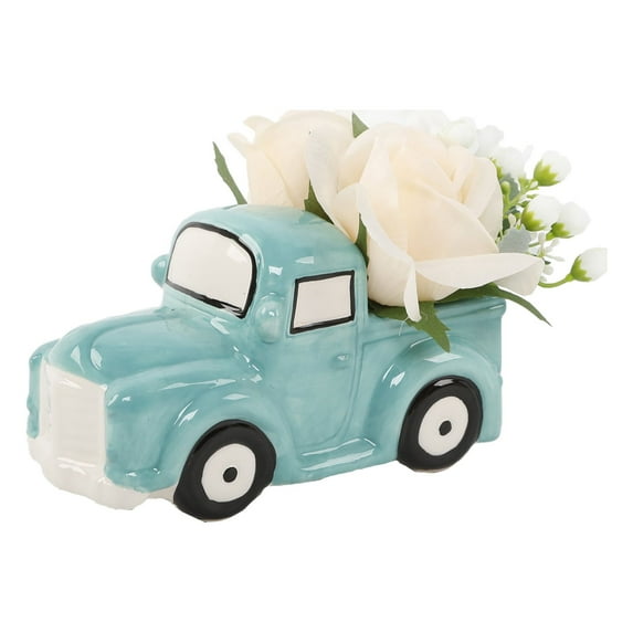 Faux Floral in 6.5" Blue Ceramic Truck