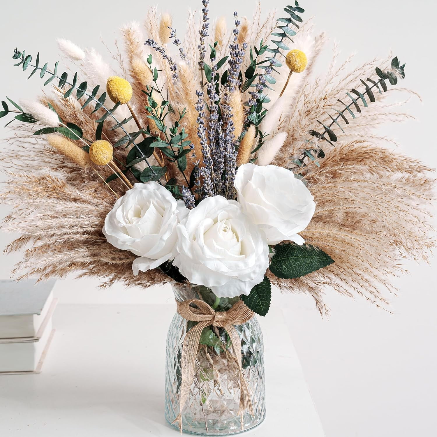 Faux Flower Arrangement With Vase - Pampas Grass Centerpiece For Table Decor, Thanksgiving & Christmas