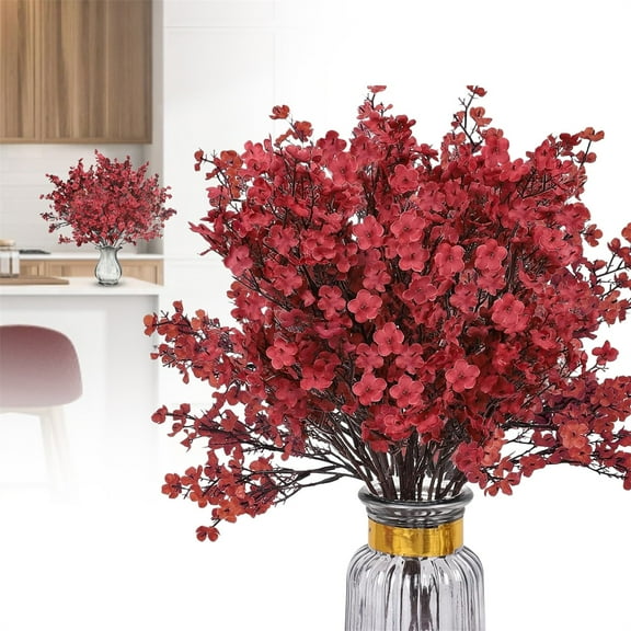 Faux Flower Arrangement Verdsylv Gypsophila & Cherry Blossom Stem - Realistic Faux Flower Spray for Wedding Centerpieces, Home Table Arrangements, Vase Floral Decor, Wedding Centerpiece Flowers, Red1