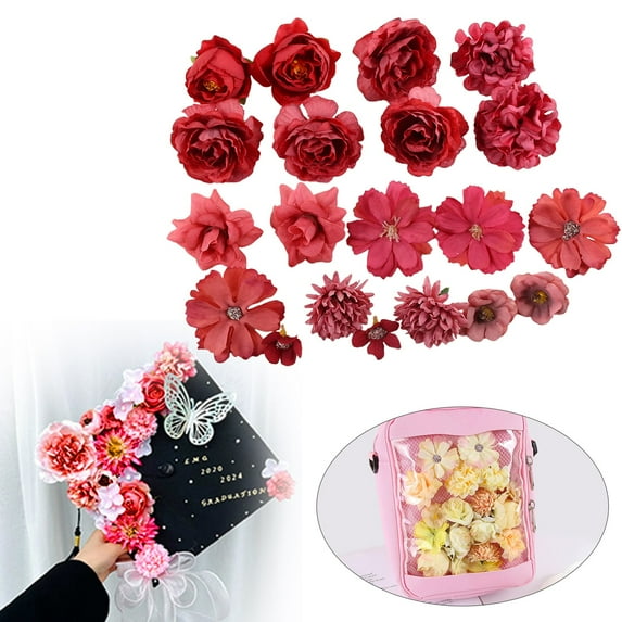 Faux Flower Heads, Mini Charming Color Artificial Flower Heads, Fake Flowers, Small Assorted Fabric Flower Heads for Craft, Garland, Wedding, Party, DIY Spring Home Decoration Red