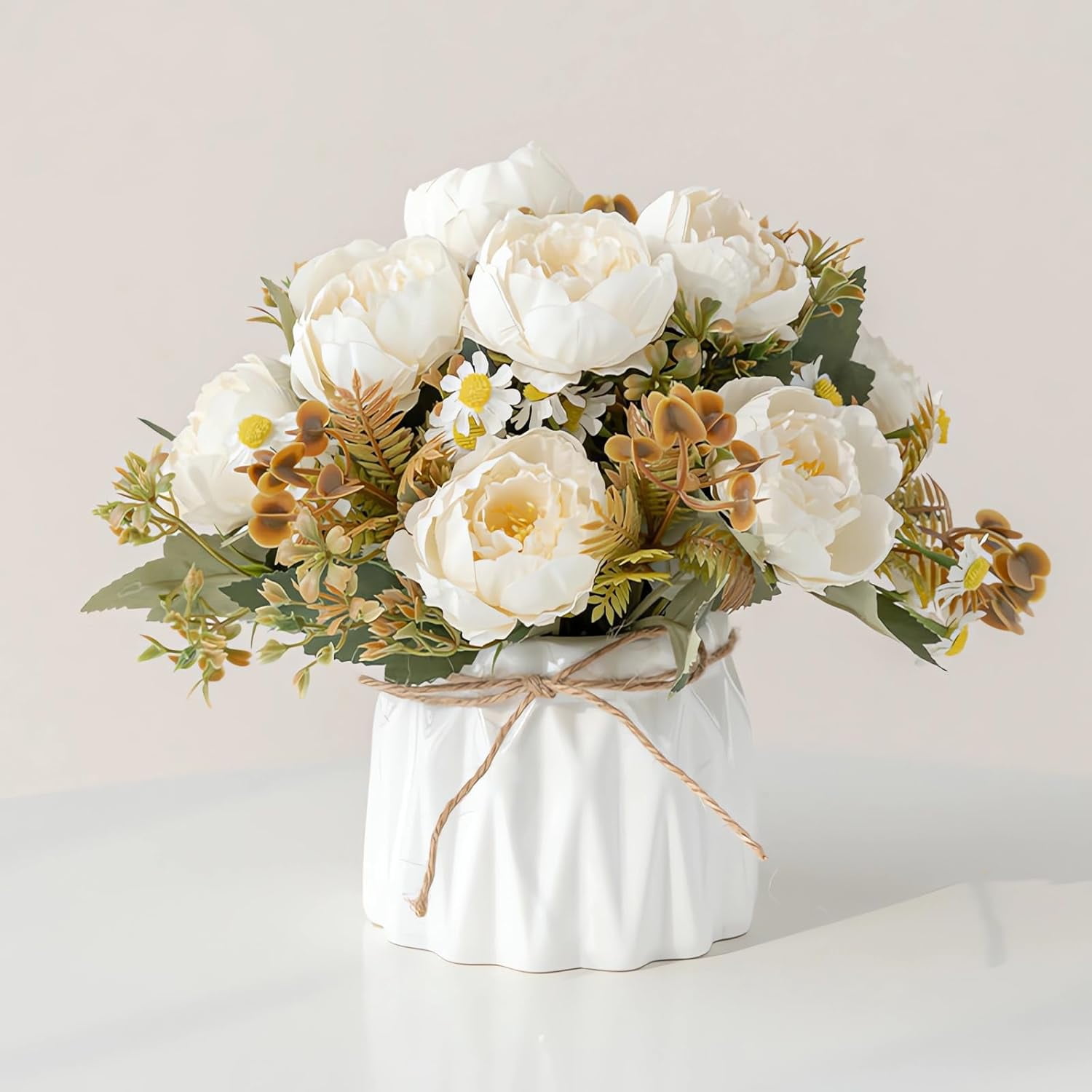 Faux Flowers with Vase,Artificial Silk Flowers in Ceramic Vase,Small