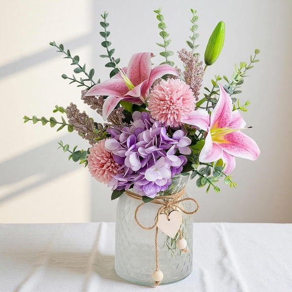 Faux Flowers with Vase, Artificial Silk Flowers in Vase, Fake Pink Lily,Purple Hydrangea and Dandelion flower, Arrangement for Home Spring Decor Dining Table Centerpiece Decorations Coffee Table