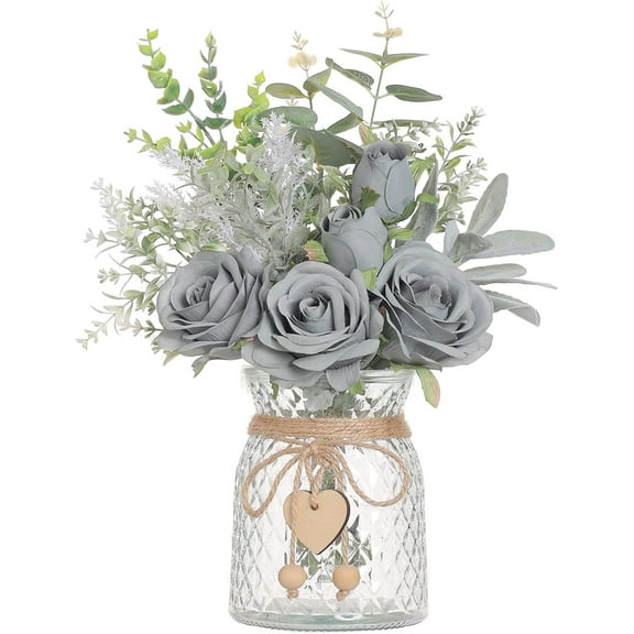 Faux Flowers with Vase,Artificial Silk Roses in Vase, Fake Plant Eucalyptus Flower Arrangement for Home Office Farmhouse Bathroom Dining Table Centerpiece Decorations Coffee Table Decor (Grey Blue)