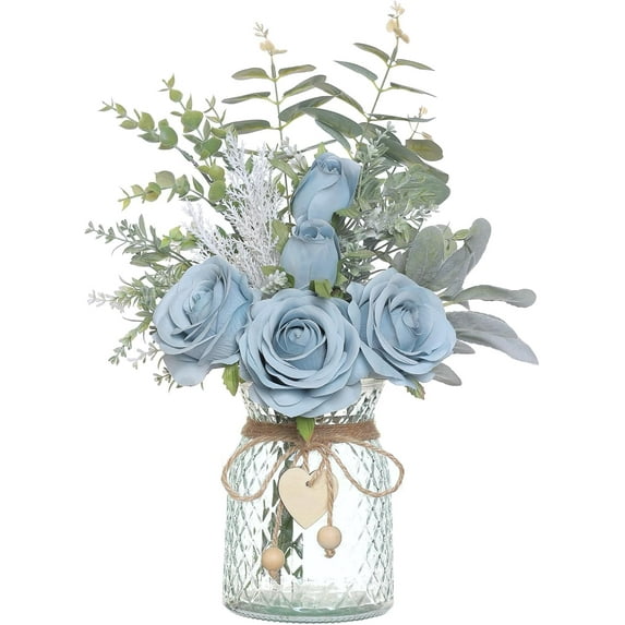 Faux Flowers with Vase, Artificial Silk Roses in Vase, Fake Plant Eucalyptus Flower Arrangement for Home Office Farmhouse Bathroom Dining Table Centerpiece Decorations Coffee Table Decor