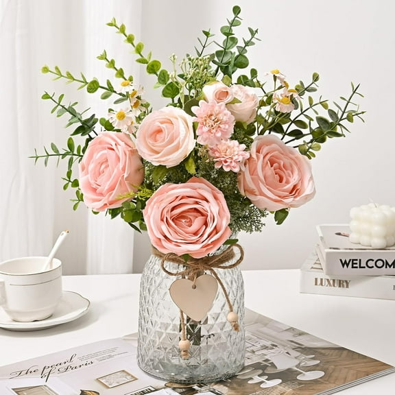 Faux Flowers in Vase, Fake Flowers with Vase, Silk Roses in Vase Faux Flower Arrangements in Vase Floral Centerpieces for Dining Room Table Living Room Office Kitchen Bathroom