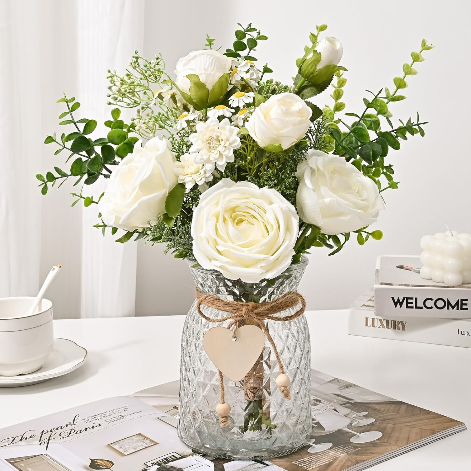 Faux Flowers in Vase, Fake Flowers with Vase, Silk Roses in Vase Faux Flower Arrangements in Vase Floral Centerpieces for Dining Room Table Living Room Office Kitchen Bathroom