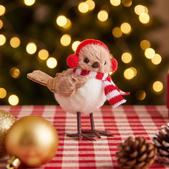 Faux Foam Bird Ornament with Red Scarf and Hat, Adorable Christmas Tree Figurine for Holiday Home Table Decor