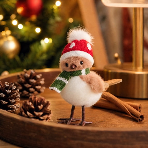 Faux Foam Bird Ornament with Red Scarf and Hat, Adorable Christmas Tree Figurine for Holiday Home Table Decor