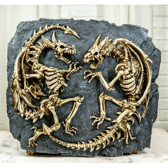 Faux Fossil Rock Block With 2 Dueling Skeleton Dragons Exotic Wall Decor Plaque