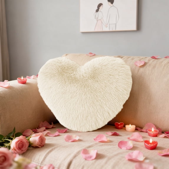 Faux Fox Fur Heart Shaped Pillow, Soft Plush Lumbar Cushion for Sofa, High-End Cute Love Pillow Perfect as Wedding & Valentine’s Day Gift, 15.75*11.81in, Beige