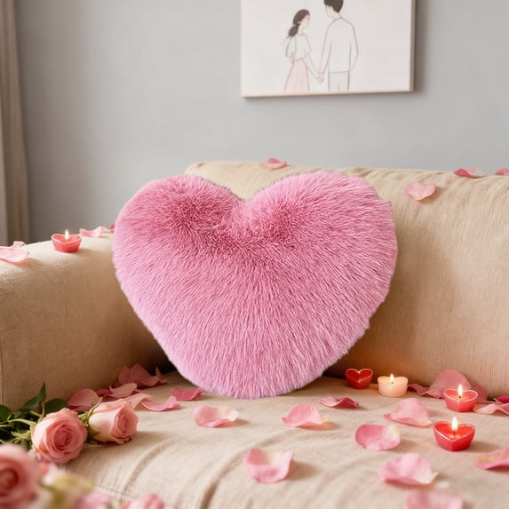 Faux Fox Fur Heart Shaped Pillow, Soft Plush Lumbar Cushion for Sofa, High-End Cute Love Pillow Perfect as Wedding & Valentine’s Day Gift, 15.75*11.81in, Hot Pink