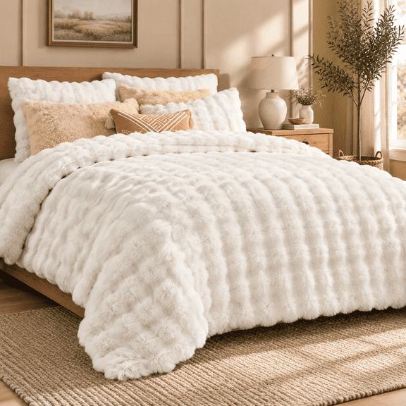 Faux Fullforter Set - Cream White Fsize Big Bubble Rabbit Bedding Sets Warm Cozy Fuzzy Bed 3 Pieces 1 And 2owcases