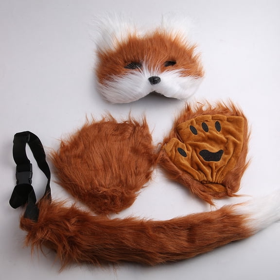 Faux Fur Anime Cat Wolf Fox Mask Paws Fluffy Tail Set,Halloween Fursuit Therian Fox Animal Cosplay Party Costume