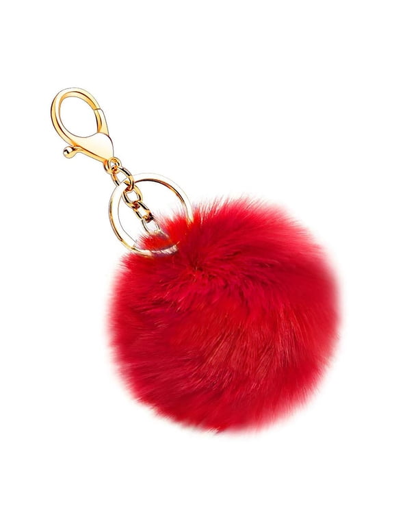 Faux Fur Ball Pom Pom Keychain, Cute Artificial Fur Ball Keychains, Multicolor Pendant with Hooks for Car Key Ring, Phone, Charm, Handbag, and Pendant, Women Bag Decor Accessories,Light Red