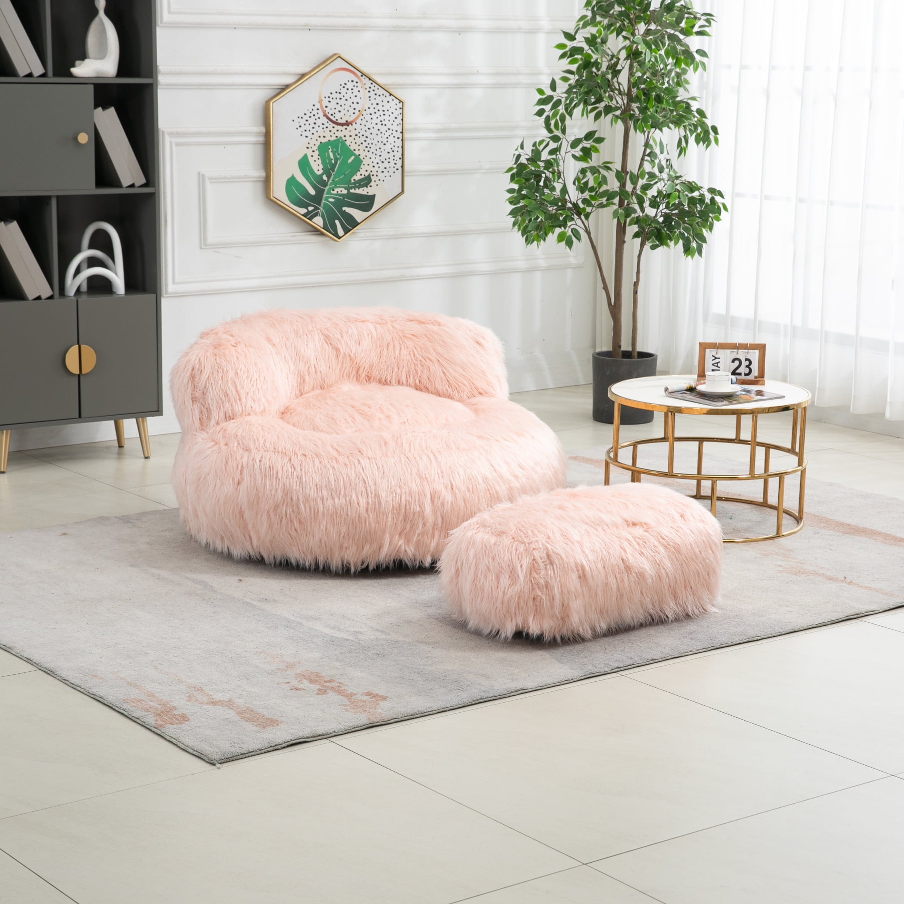 Faux Fur Bean Bag Chair with Ottoman, Soft Fluffy Plush Lazy Sofa with ...