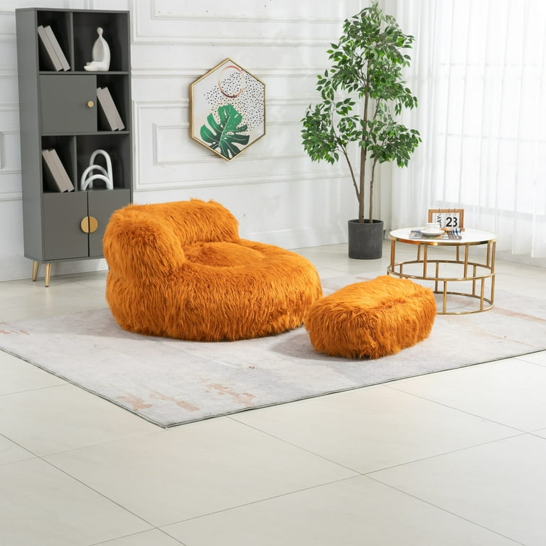 Faux Fur Bean Bag Chairs with Ottoman, Oversized Fluffy Accent