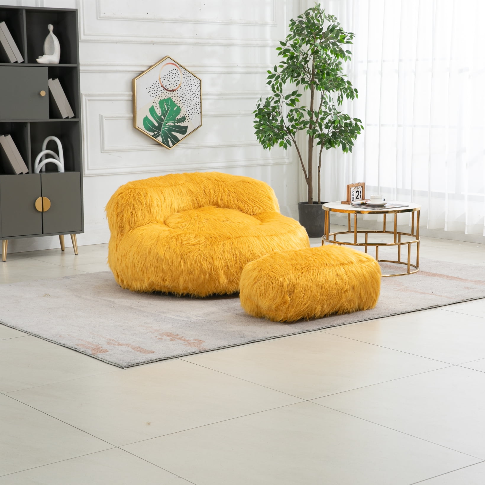 Faux Fur Bean Bag Chairs with Ottoman, Oversized Fluffy Accent Chair ...