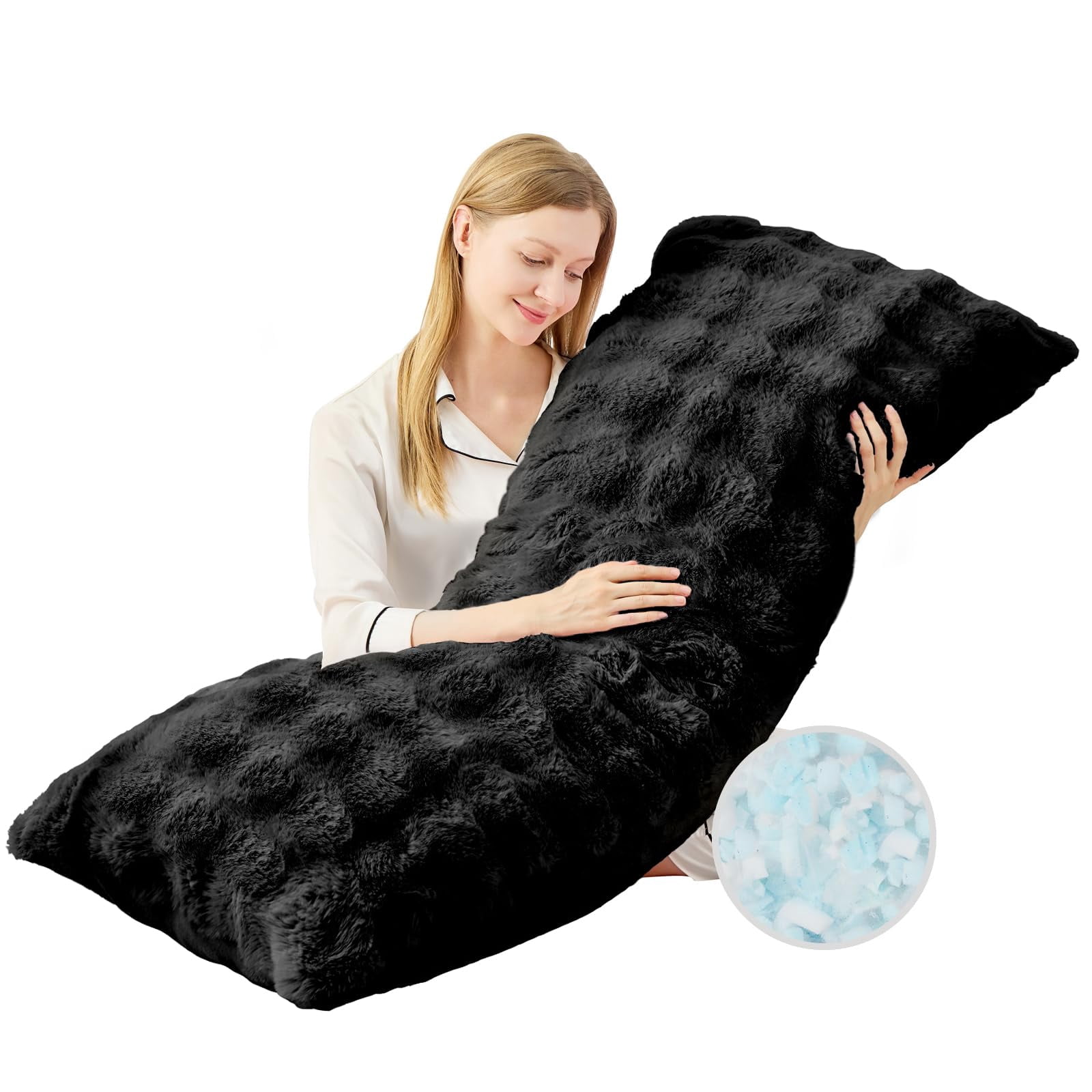 Faux Fur Body Pillow for Adults Adjustable Height Soft Support Side Sleeping Pregnant Women Washable Shredded Memory Foam Insert 20x54 Inch