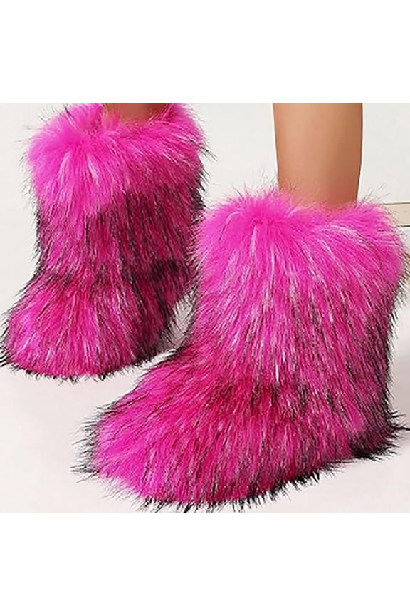 Faux Fur Boot For Women Furry Fluffy Comfy Plush Warm Outdoor Mid-Calf Boots with Round Toe