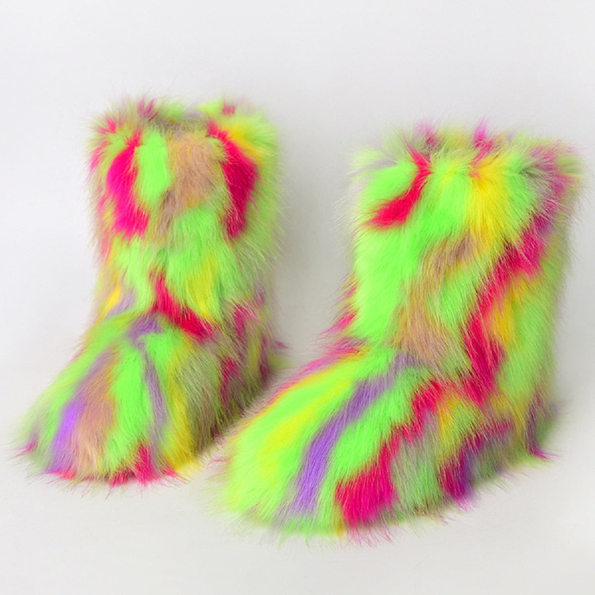 Faux Fur Boots for Women Fuzzy Fluffy Furry Round Toe Suede Winter Snow Boots Flat Shoes