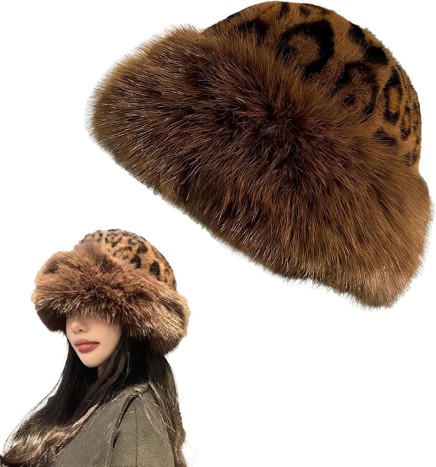Vintage Leopard Faux Fur Hat and Scarf Set  Brown Tan Button scarf Lined hat Buy Tamsy Brown Leopard Pattern Faux Fur Set of Bucket Hat  main image 3