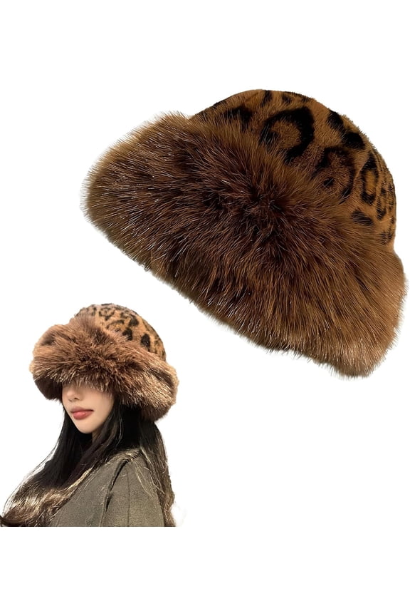 Faux Fur Bucket Hat, Cozy Fluffy Wide Brim Winter Hat for Women with Matching Scarf, Fuzzy Fashion Bucket Cap for Girls Women (Leopard print)