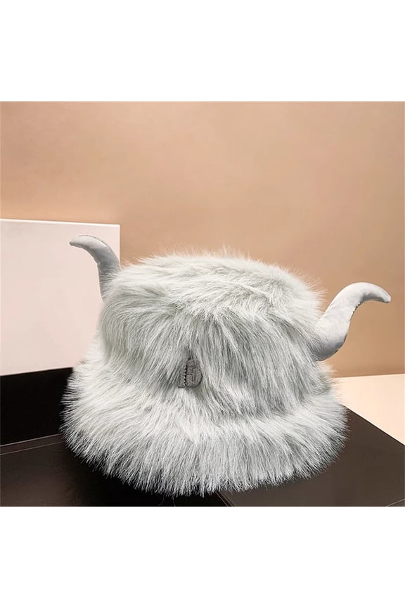 Faux Fur Bucket Hat with Fake Horn Design,Animal Theme Plush Ear Flap Cap for Winter and Spring, Adjustable Warm Soft Costume Hat for Snowboarding and Skiing,Unisex Funny Bull Head Shaped Novelty Hat